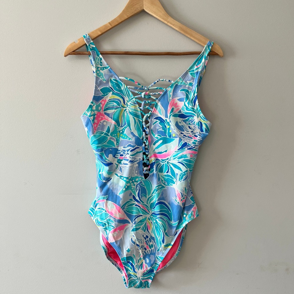 Lilly Pulitzer Isle Lattice One Piece Swimsuit Tropical Starfish Blue 8 Lace Up